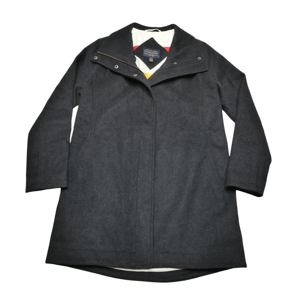 Pendleton Coat Womens Small Charcoal Wool Blend Asymmetrical Zip Striped‎ Lining